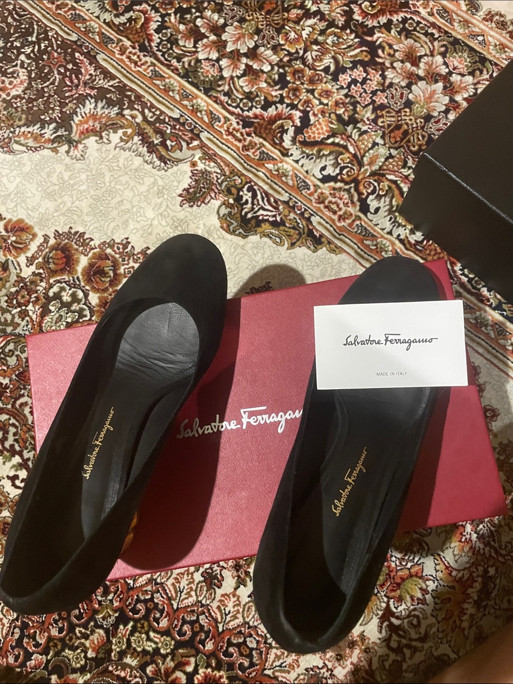 Salvatore Ferragamo Black Suede Round-Toe Pumps